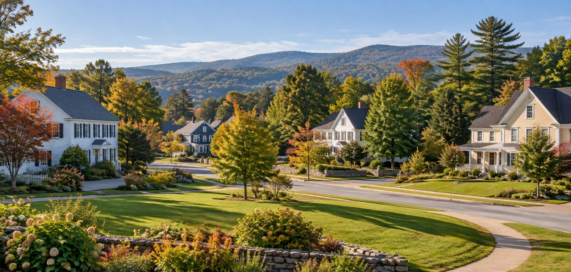 Illustrative Southern New Hampshire neighborhood with homes, trees and wooded hills